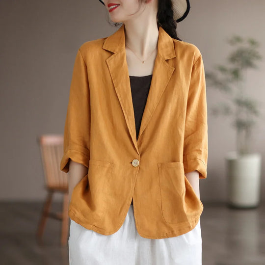 Damen Lässiger Leinenblazer mit breiten Ärmeln und Knopfverschluss R&B