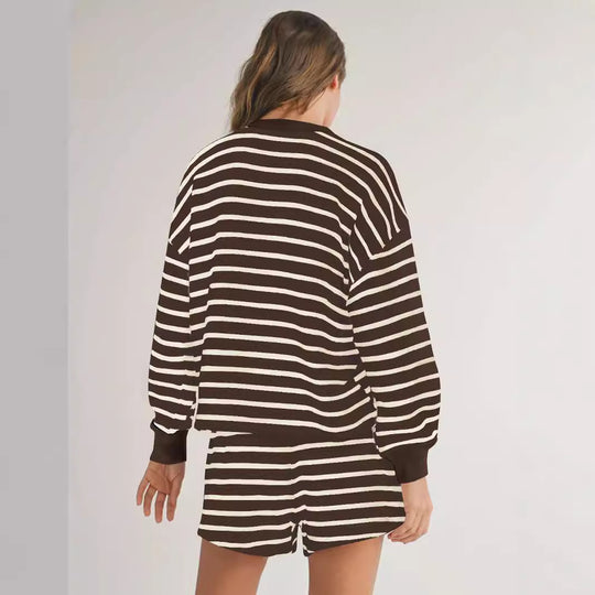 Damen Lässiges Set aus gestreiftem Oberteil und Shorts im Sport-Look R&B