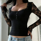 Damen Elegantes Langarmshirt mit Spitze und Knopfdetails R&B