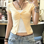 Damen Süßes kurzes T-Shirt mit Knoten-Design und Cut-out-Details R&B
