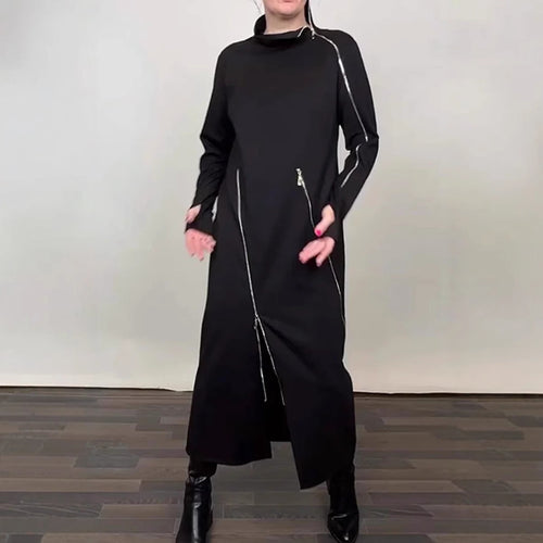 Damen nan langes Strickkleid mit asymmetrischen Metallreißverschlüssen und Frontschlitz R&B