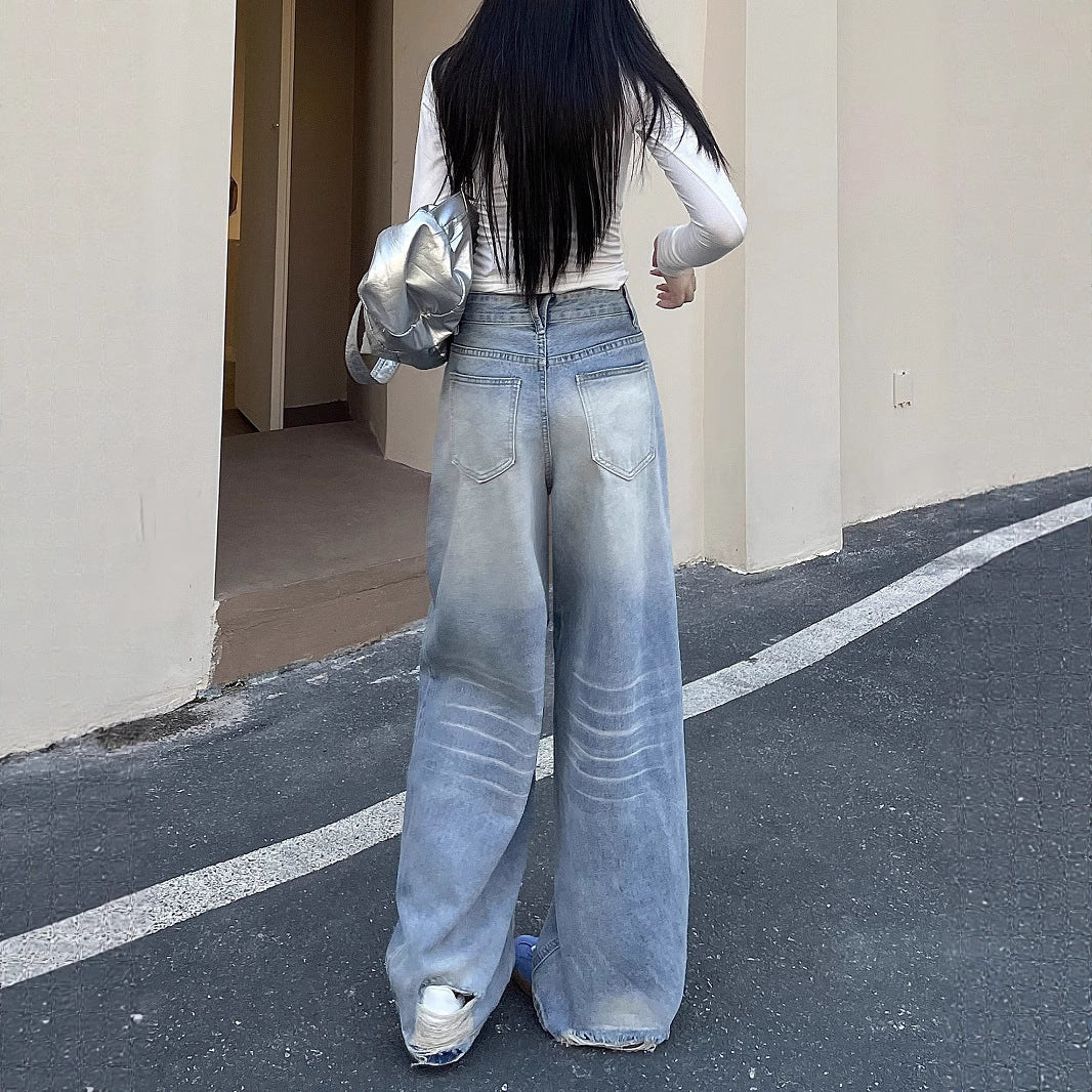 Damen Weite Baggy-Jeans mit modischem Used-Effekt und hohen Taschen R&B