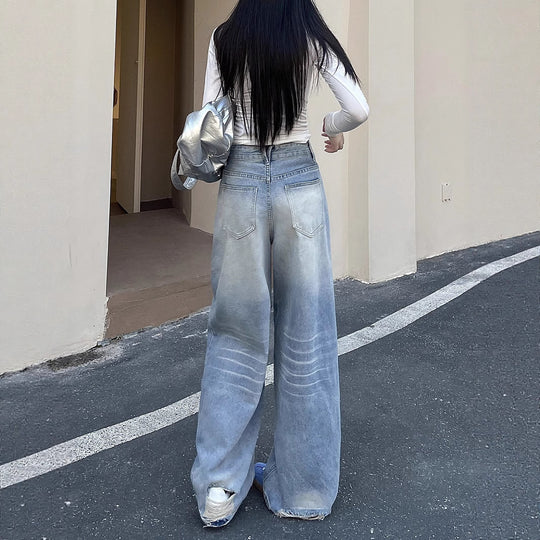 Damen Weite Baggy-Jeans mit modischem Used-Effekt und hohen Taschen R&B