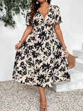 Damen Maxikleid mit V-Ausschnitt und elastischem Taillenbund R&B
