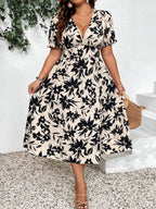 Damen Maxikleid mit V-Ausschnitt und elastischem Taillenbund R&B
