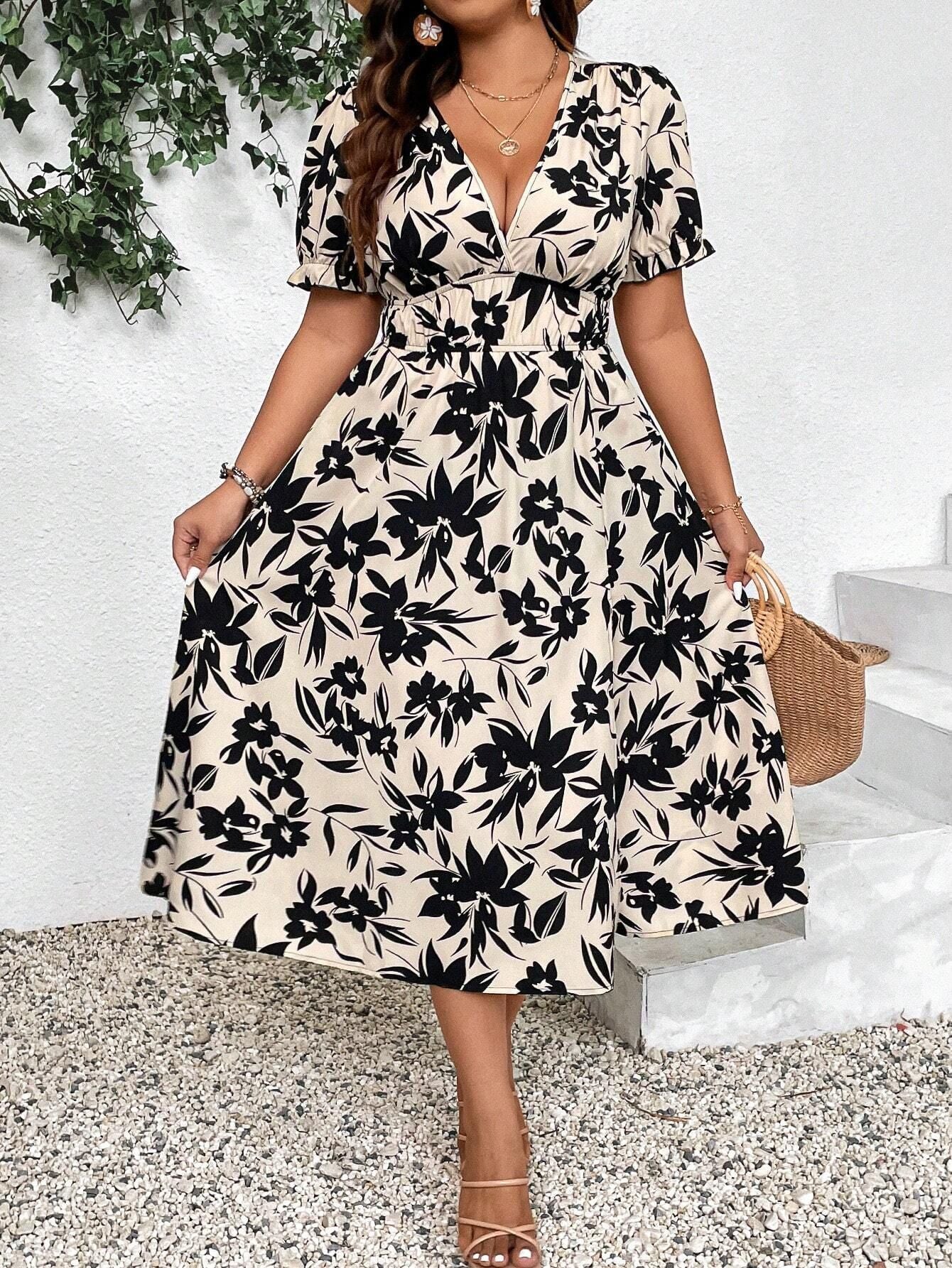 Damen Maxikleid mit V-Ausschnitt und elastischem Taillenbund R&B