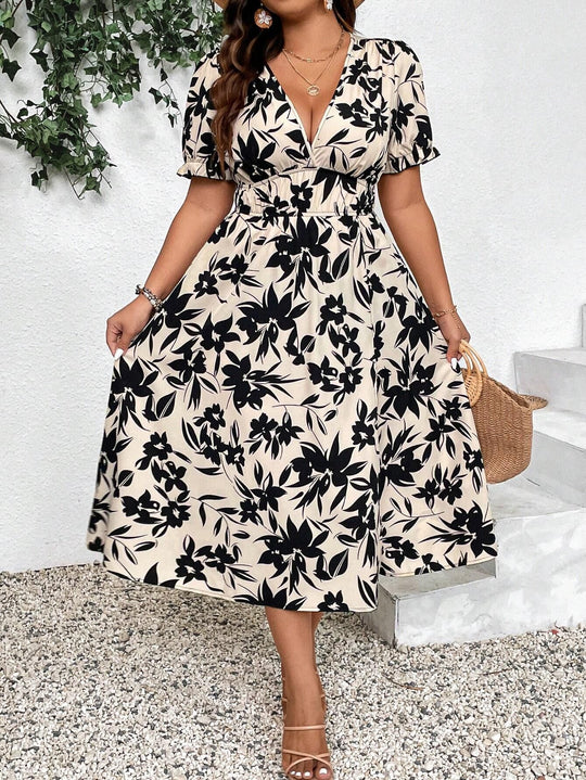 Damen Maxikleid mit V-Ausschnitt und elastischem Taillenbund R&B