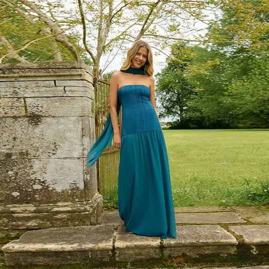 Damen Maxikleid mit undurchsichtiger unterer Schicht und elegantem Faltenwurf R&B
