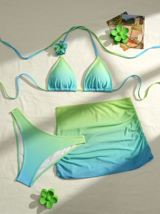 Damen Triangel-Bikini Set mit floralem Detail und Wickelrock R&B