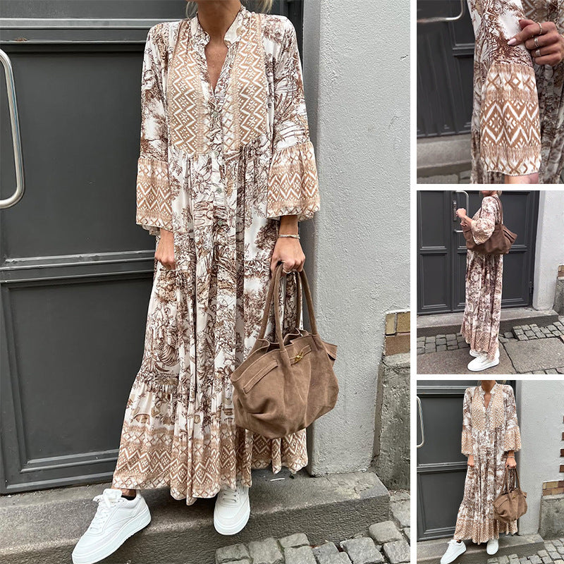 Damen nan Stufenmaxikleid mit Ethno-Bordüre, Stehkragen und weiten Glockenärmeln R&B