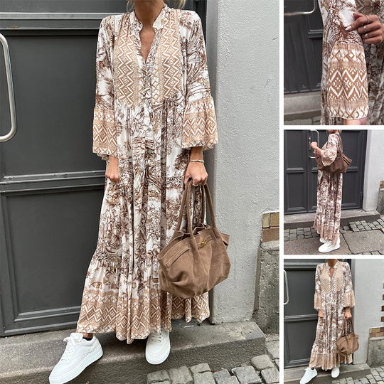 Damen nan Stufenmaxikleid mit Ethno-Bordüre, Stehkragen und weiten Glockenärmeln R&B