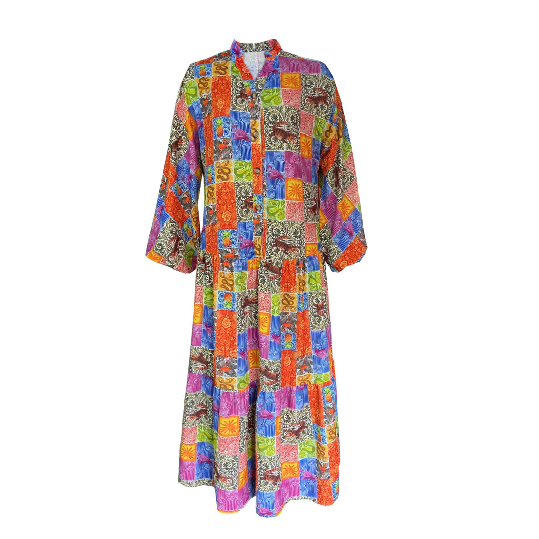 Damen Langes Patchwork-Kleid aus luftiger Baumwolle mit weitem Schnitt R&B