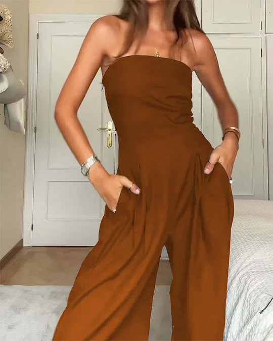 Damen trägerloser Jumpsuit mit weitem Bein und seitlichen Taschen R&B