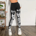 Damen Leggings mit auffälligem Totenkopf- und floralem Design