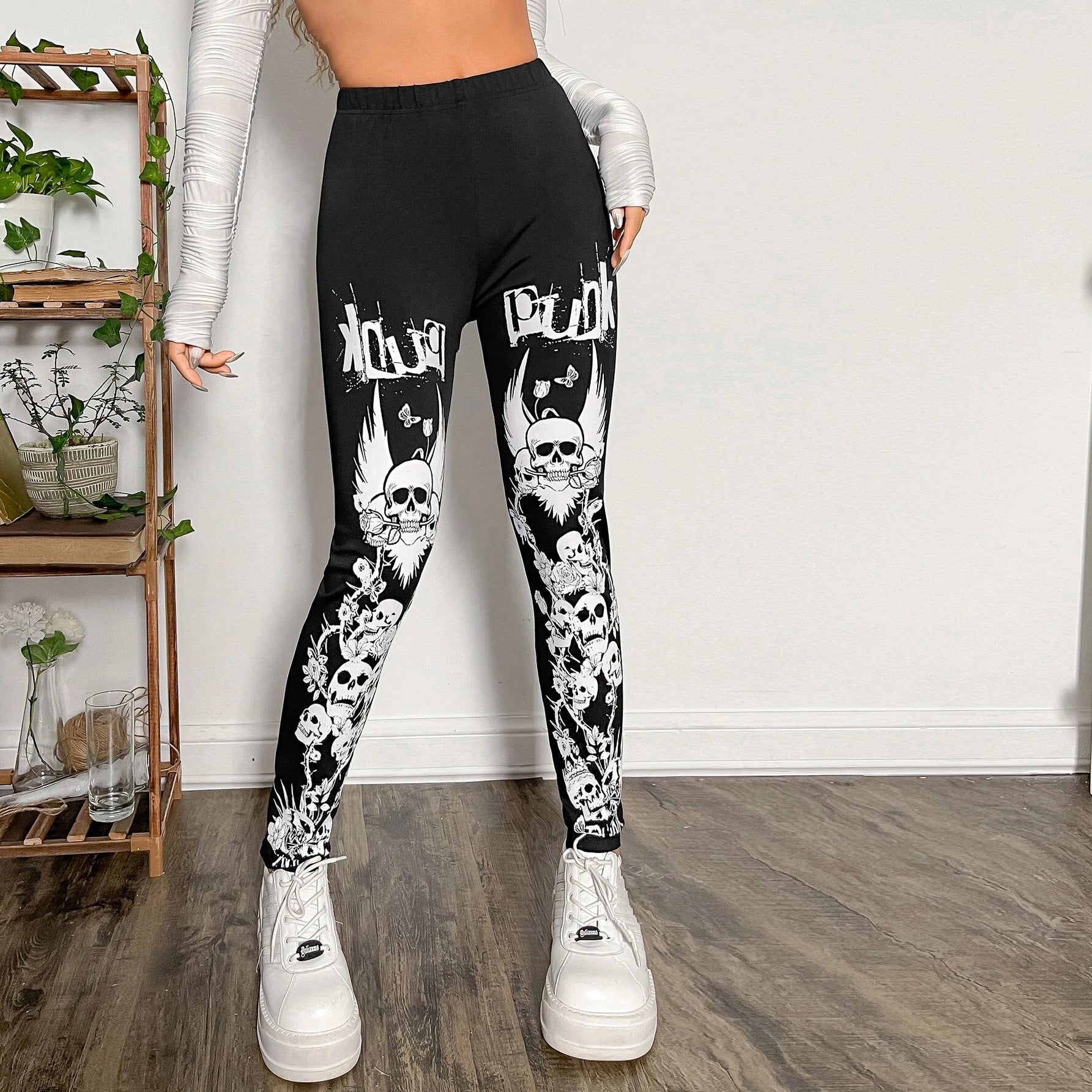 Damen Leggings mit auffälligem Totenkopf- und floralem Design