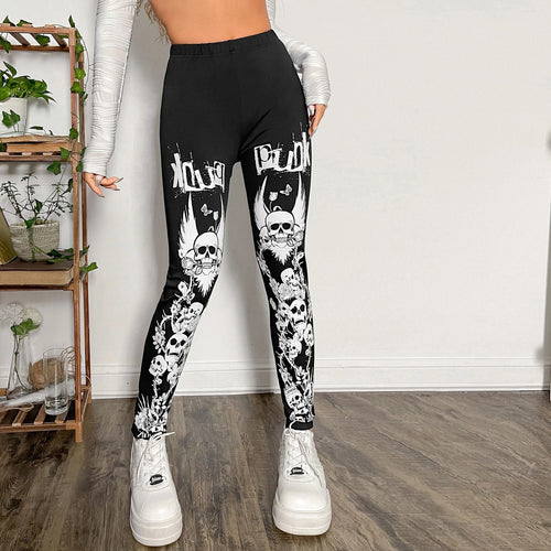 Damen Leggings mit auffälligem Totenkopf- und floralem Design R&B