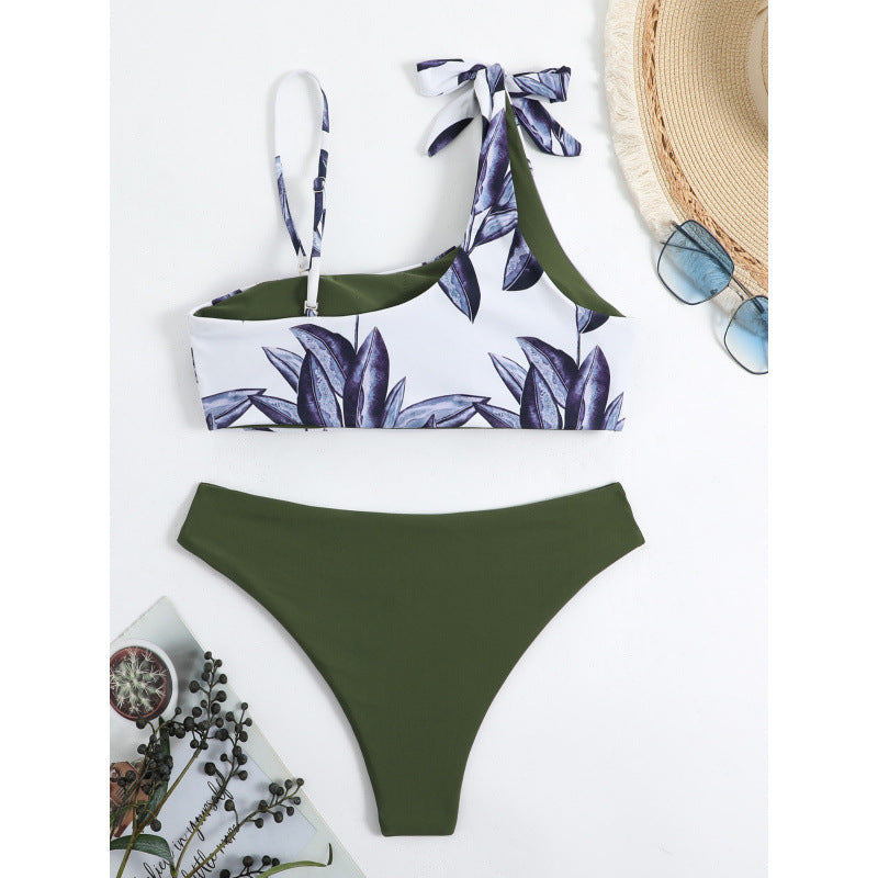 Damen Triangel-Bikini mit modischem Floral-Muster und einseitigem Träger R&B