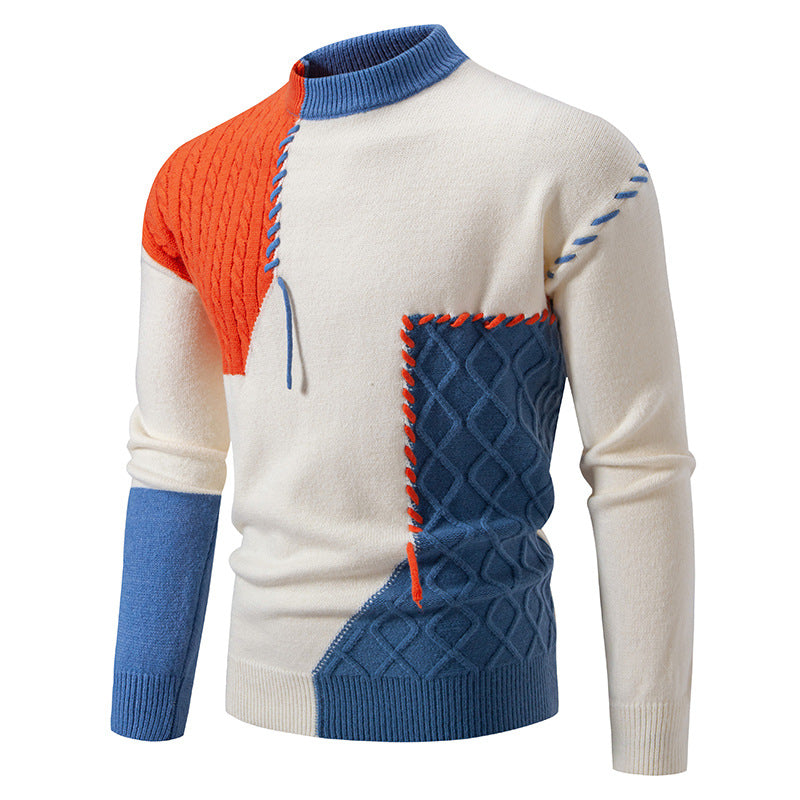 Herren modischer Strickpullover mit kreativen Zopf- und Farbblockdesign R&B