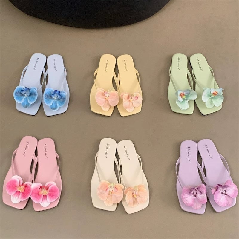 Damen Flip-Flops mit dekorativen Orchideen-Applikationen EB