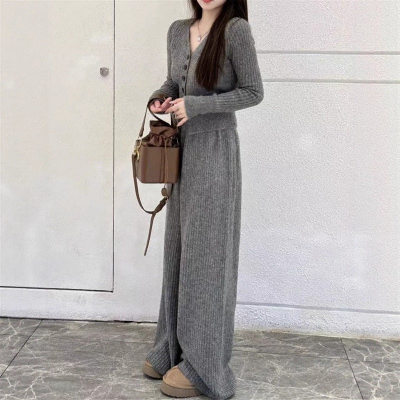 Damen Elegantes gestricktes Jumpsuit mit Knopfdetails und weitem Bein