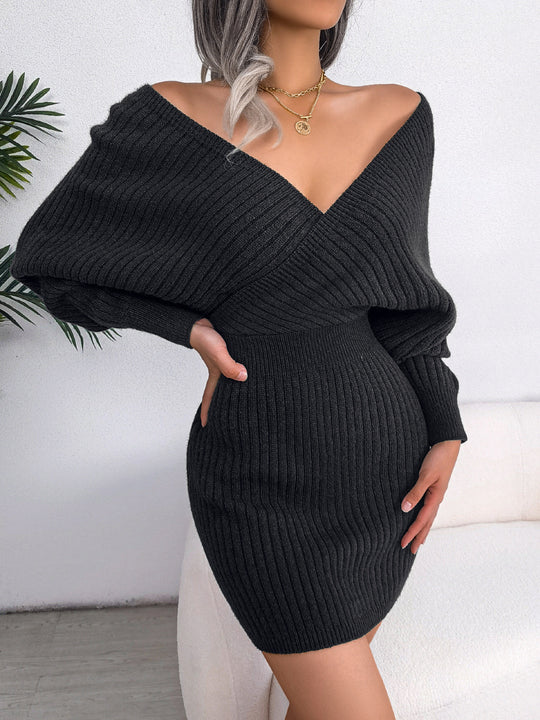 Damen gestricktes Minikleid mit V-Ausschnitt R&B