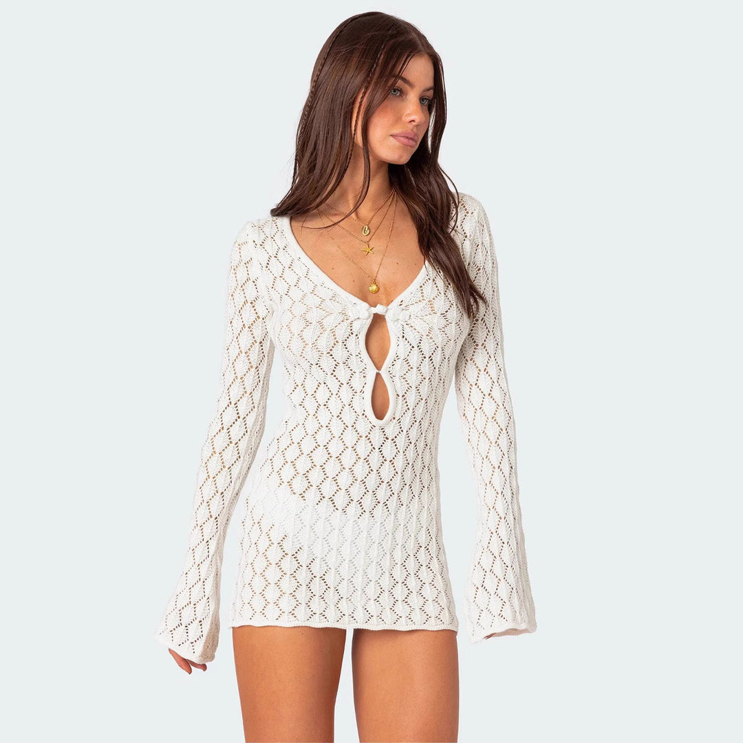 Damen Strickkleid mit raffinierten Ausschnitten und langen Ärmeln R&B