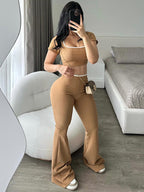 Damen sportliches Zweiteiler-Set mit weitem Bein und kurzem Oberteil R&B