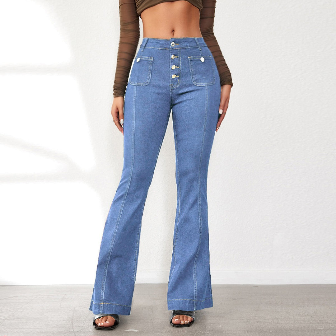 Damen Flared Jeans mit hohem Schnitt und eleganten Knopfdetails R&B