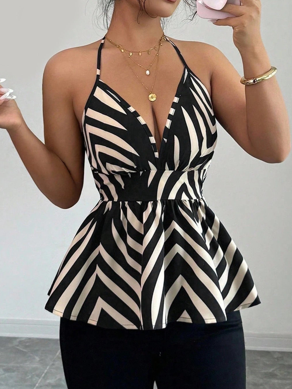 Damen Peplum-Top mit dekorativem V-Ausschnitt R&B