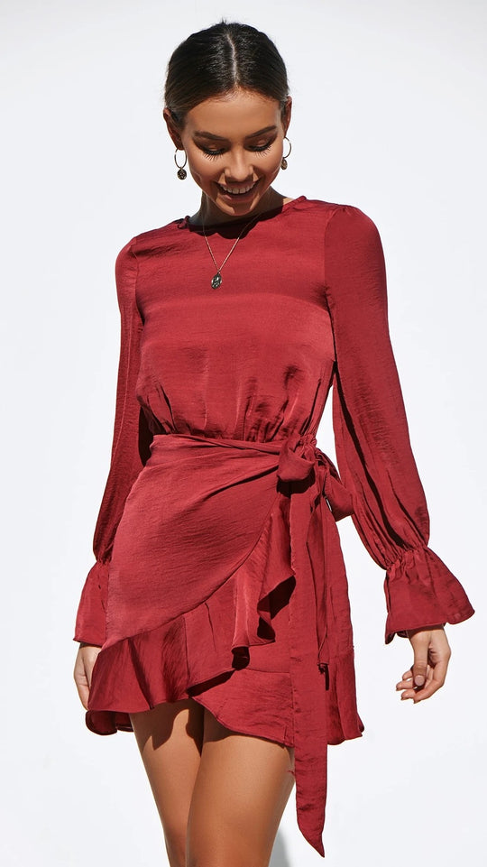 Damen Wickelkleid mit schwingenden Volant-Ärmeln und elegantem Taillenband R&B