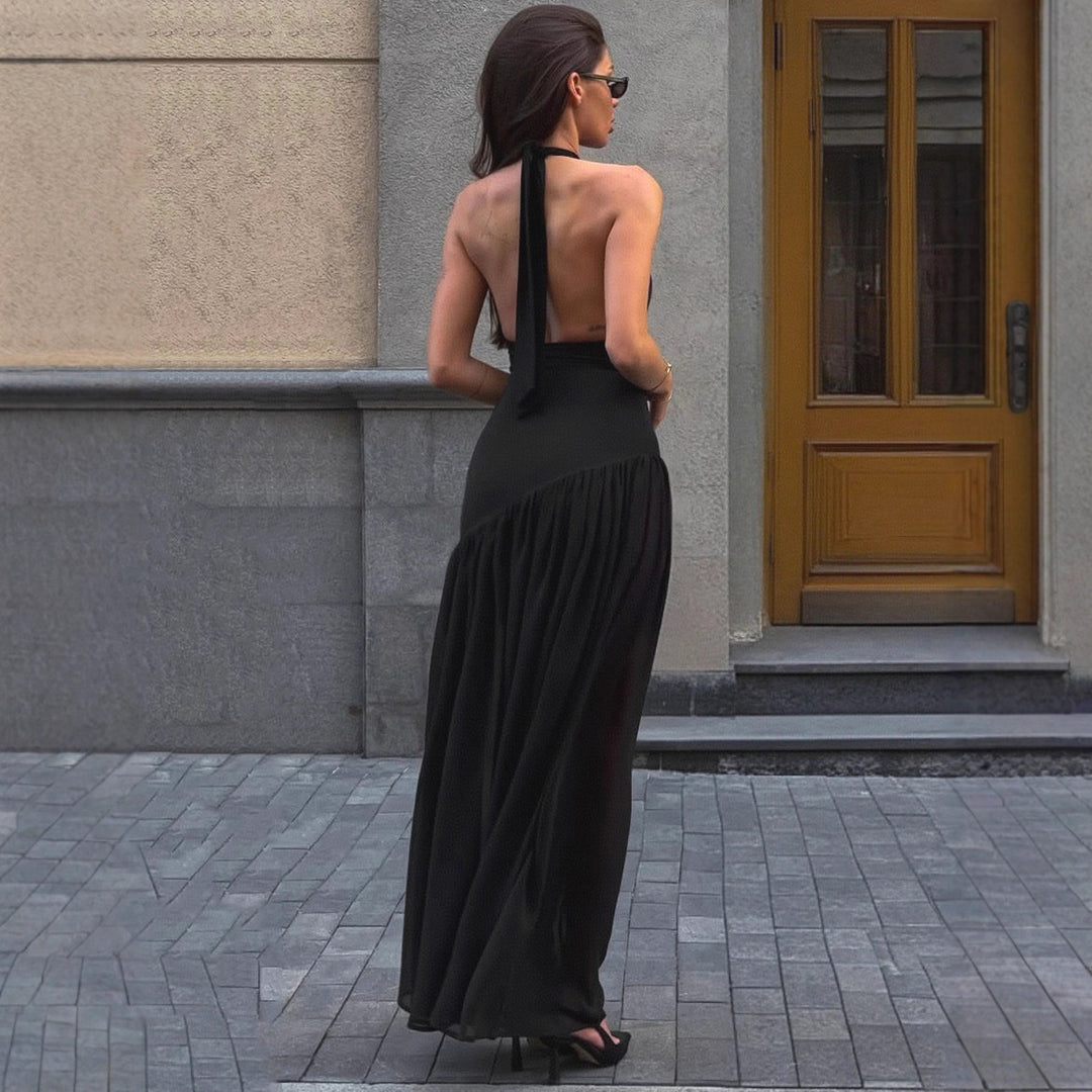 Damen Maxi-Kleid mit elegantem Stehkragen und fließendem Rock R&B