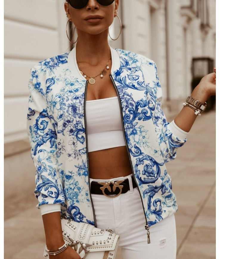 Damen Sportliche Bomberjacke mit floralem Print und Reißverschluss R&B
