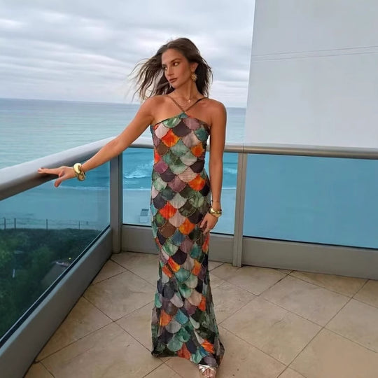 Damen Maxikleid aus fließendem Chiffon mit maritimem Schuppenmuster R&B