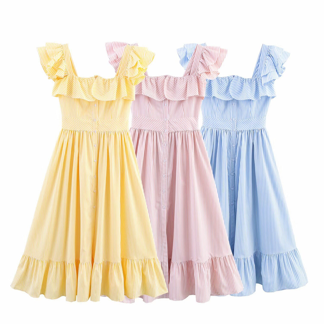 Damen Maxikleid mit voluminösem Rüschen-Design und Knopfverschluss R&B