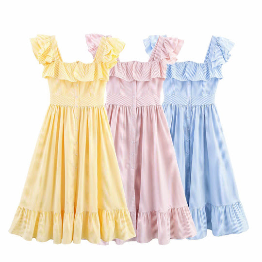 Damen Maxikleid mit voluminösem Rüschen-Design und Knopfverschluss R&B