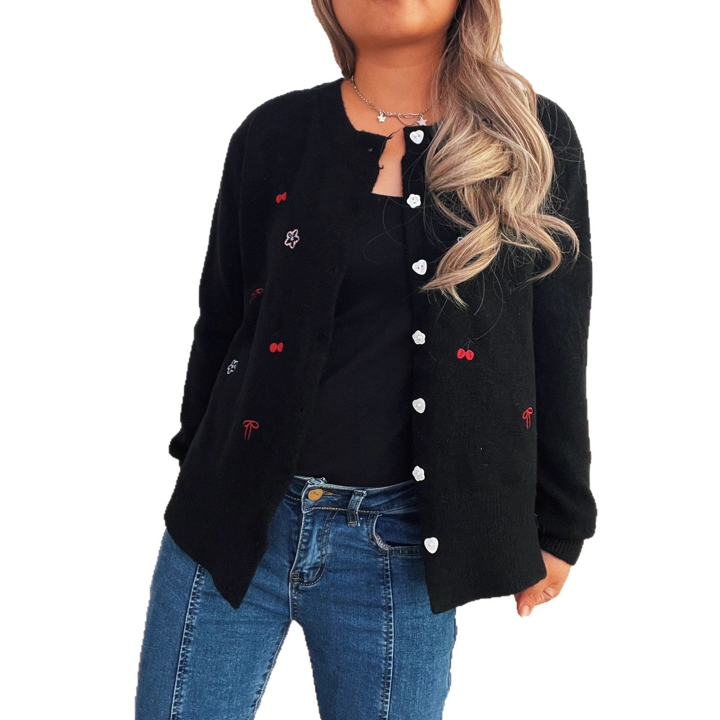 Damen Strickjacke mit liR&Bevollem Blumen- und Kirschdesign R&B