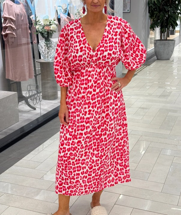 Damen nan Maxikleid mit tiefem V-Ausschnitt, voluminösen Puffärmeln und smockierter Taillennaht R&B