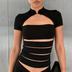 Damen Cropped Blusenshirt aus strapazierfähigem Stretchmaterial mit elegantem Stehkragen R&B