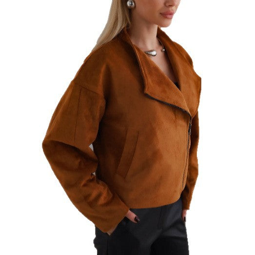 Damen Trendige Kurzjacke im lässigen Biker-Stil mit asymmetrischem Reißverschluss und tiefem Kragen R&B