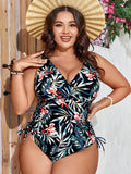 Damen Einteiler Badeanzug mit floralem Wickeldesign und figurformenden Raffungen R&B