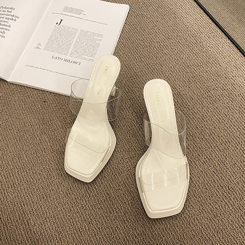 Damen transparente Mules mit quadratischer Zehenpartie und elegantem Riemchen R&B