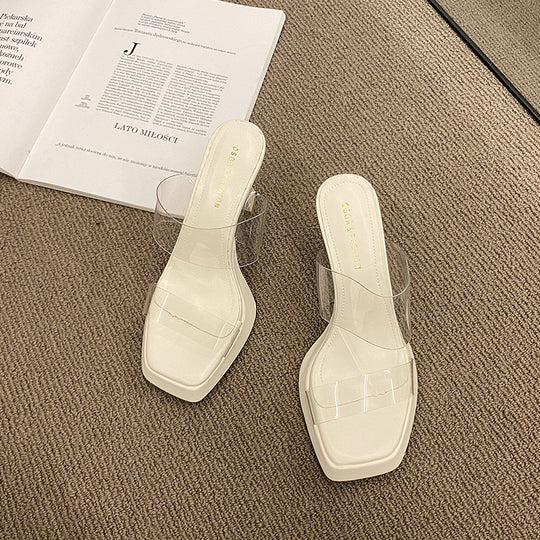 Damen transparente Mules mit quadratischer Zehenpartie und elegantem Riemchen R&B