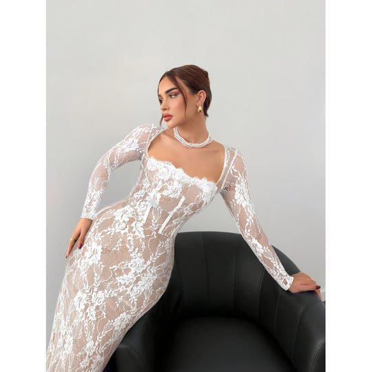 Damen Spitzenkleid mit transparentem Design und eleganten Details R&B