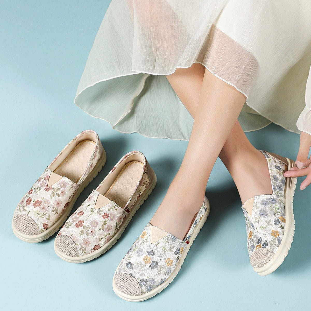 Damen nan floraler Slip-On Freizeit-Slipper mit gestrickter Zehenkappe und stoßdämpfender Leichtsohle R&B