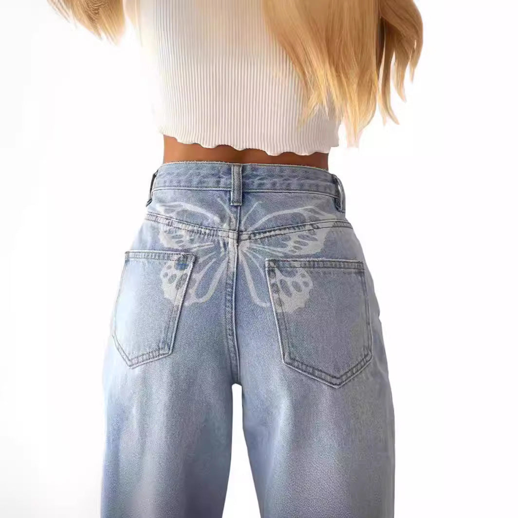 Damen Jeans im Vintage-Style mit dekorativem Schmetterlingsmuster R&B