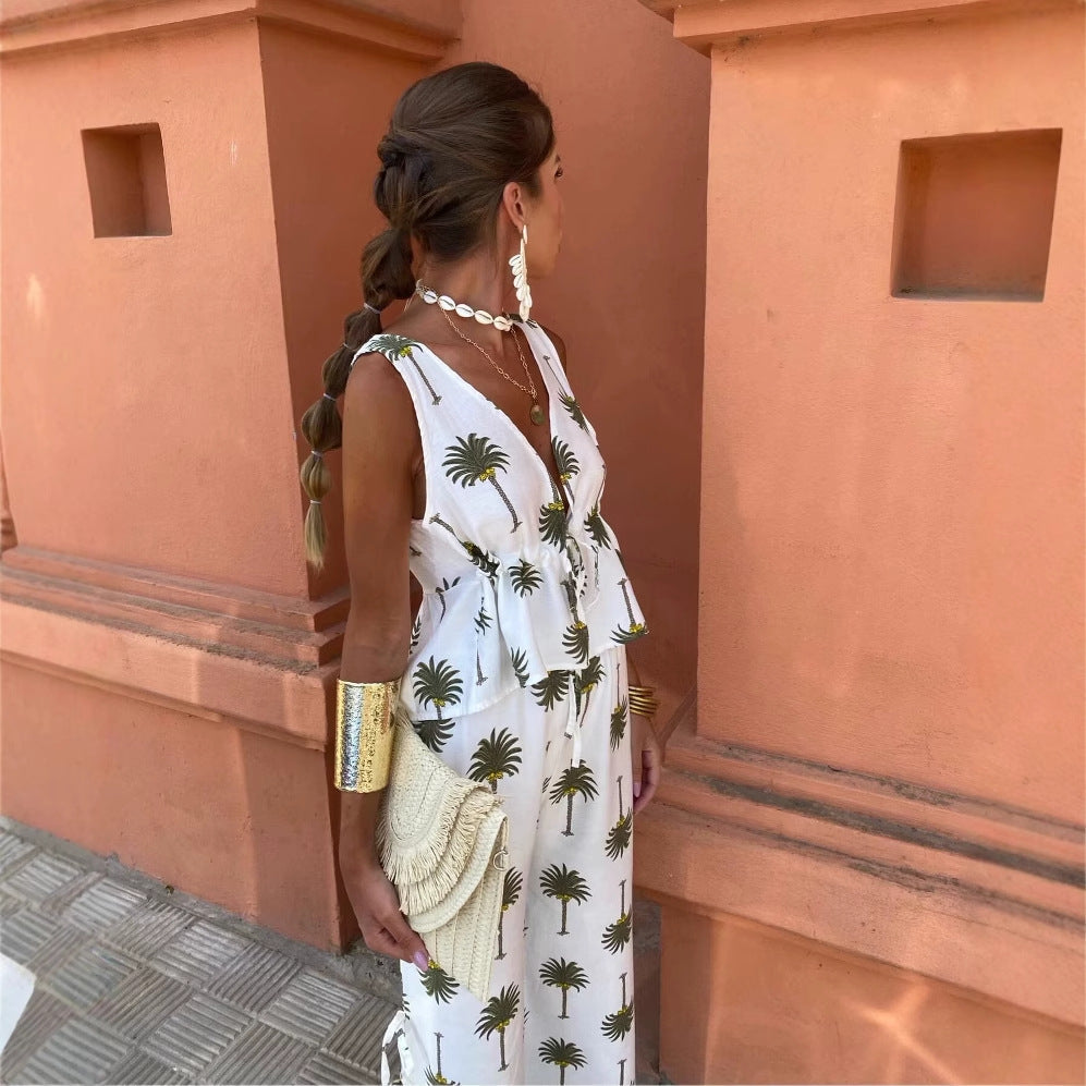 Damen Palazzo-Hose mit floralem Palmbaum-Print und seitlichen Schnürdetails R&B