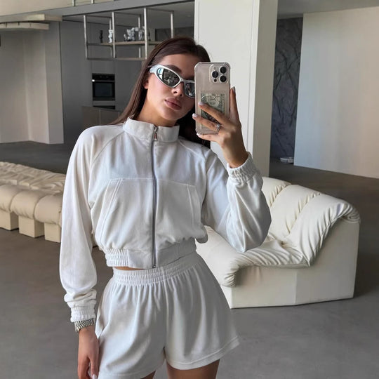 Damen Sportliches Loungewear-Set mit bequemer Jacke und Shorts R&B