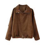 Damen oversized Kunstlederjacke mit elegantem Kragen und verstellbarem Taillenzug R&B