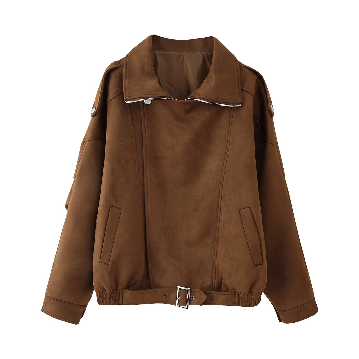 Damen oversized Kunstlederjacke mit elegantem Kragen und verstellbarem Taillenzug R&B