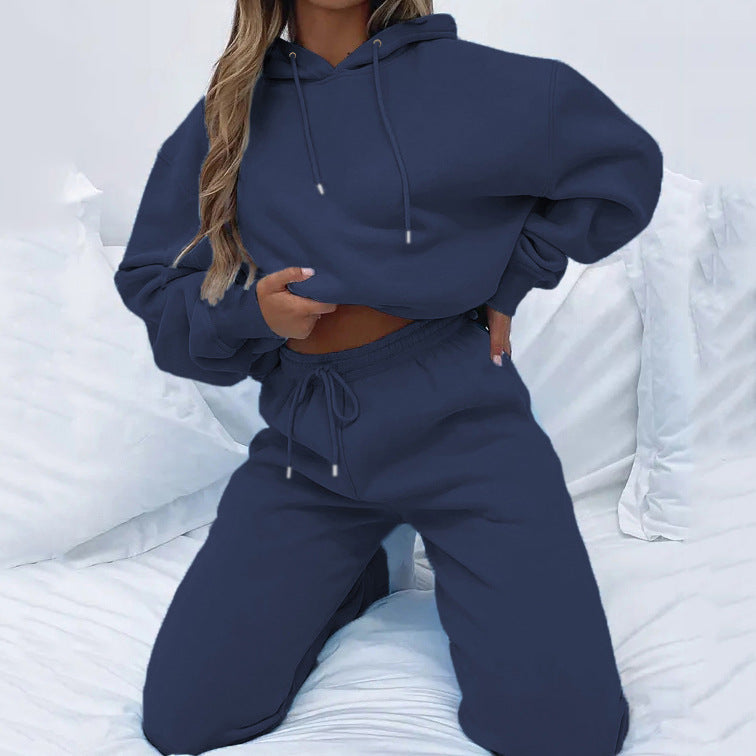 Damen nan Cropped Kapuzenjacke und High-Waist Jogginghose Set aus French Terry mit elastischem Bund R&B